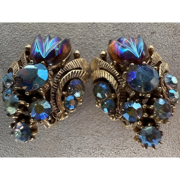 Vtg Florenza Gilt Maltese Cross Blue Borealis Brooch & Earrings Set Signed - Picture 12 of 16